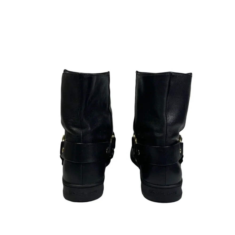 MICHAEL KORS ESSEX ICONIC BLACK GOLD LOGO MOTO BIKER BOOTS Size 7M - Picture 4 of 12